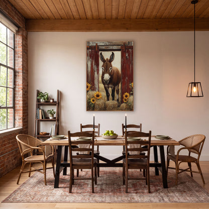 Red Barn Donkey Sunflower Rustic wall art in a farmhouse-style room – brown donkey standing in an open doorway between