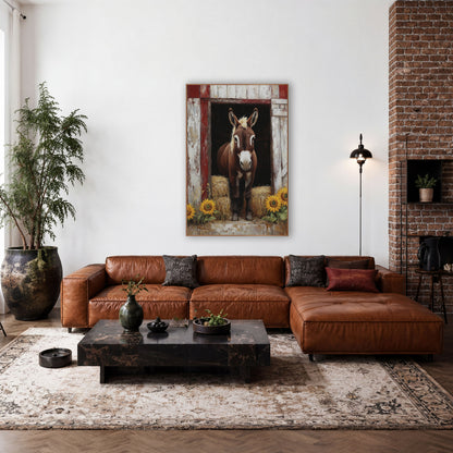 Dark Hayloft Donkey Whitewashed Painterly wall art in a farmhouse-style room – brown donkey with white muzzle standing