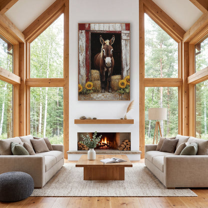 Dark Hayloft Donkey Whitewashed Painterly wall art in a farmhouse-style room – brown donkey with white muzzle standing