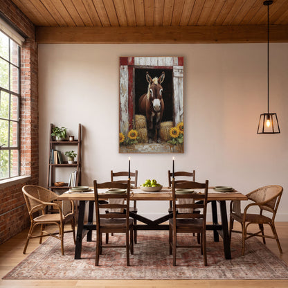 Dark Hayloft Donkey Whitewashed Painterly wall art in a farmhouse-style room – brown donkey with white muzzle standing