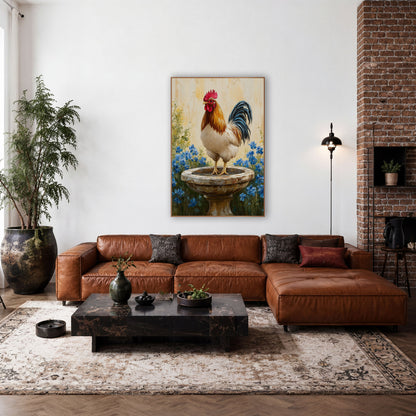 Rooster Birdbath Blue Flowers Farmhouse wall art in a farmhouse-style room – rooster with red comb standing on a worn