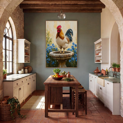 Rooster Birdbath Blue Flowers Farmhouse wall art in a farmhouse-style room – rooster with red comb standing on a worn