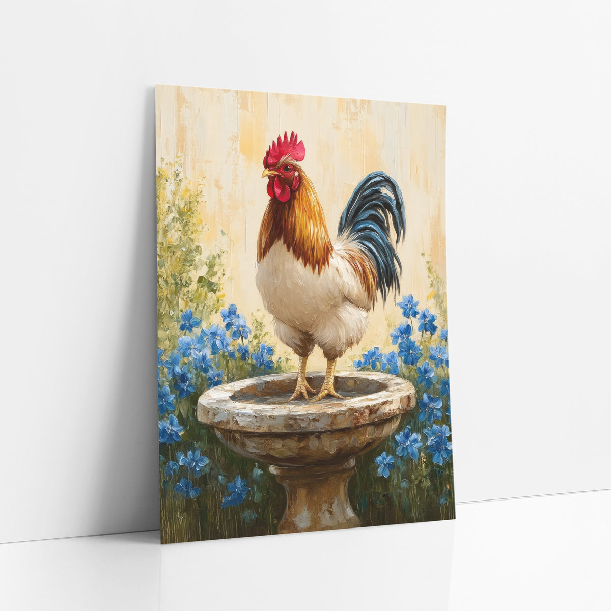 Rooster Birdbath Blue Flowers Farmhouse art print leaning against a white wall – rooster with red comb standing on a worn