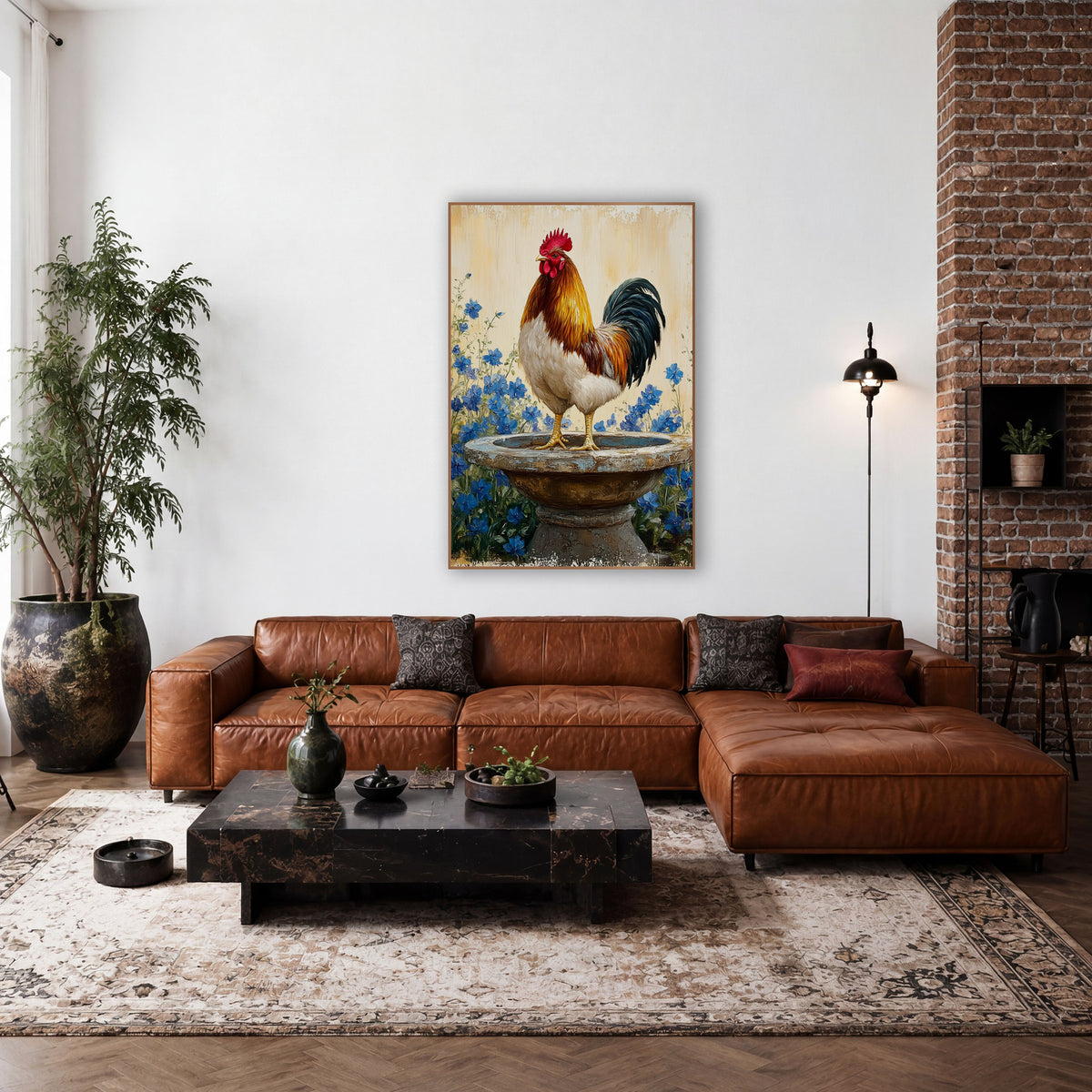 Rooster on Birdbath Blue Floral Farmhouse wall art in a farmhouse-style room – gold and white rooster standing