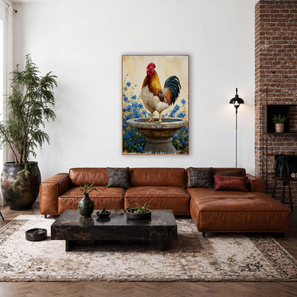 Rooster on Birdbath Blue Floral Farmhouse wall art in a farmhouse-style room – gold and white rooster standing