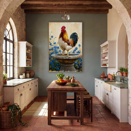 Rooster on Birdbath Blue Floral Farmhouse wall art in a farmhouse-style room – gold and white rooster standing