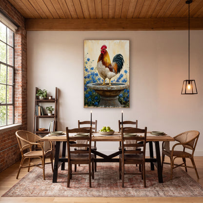 Rooster on Birdbath Blue Floral Farmhouse wall art in a farmhouse-style room – gold and white rooster standing