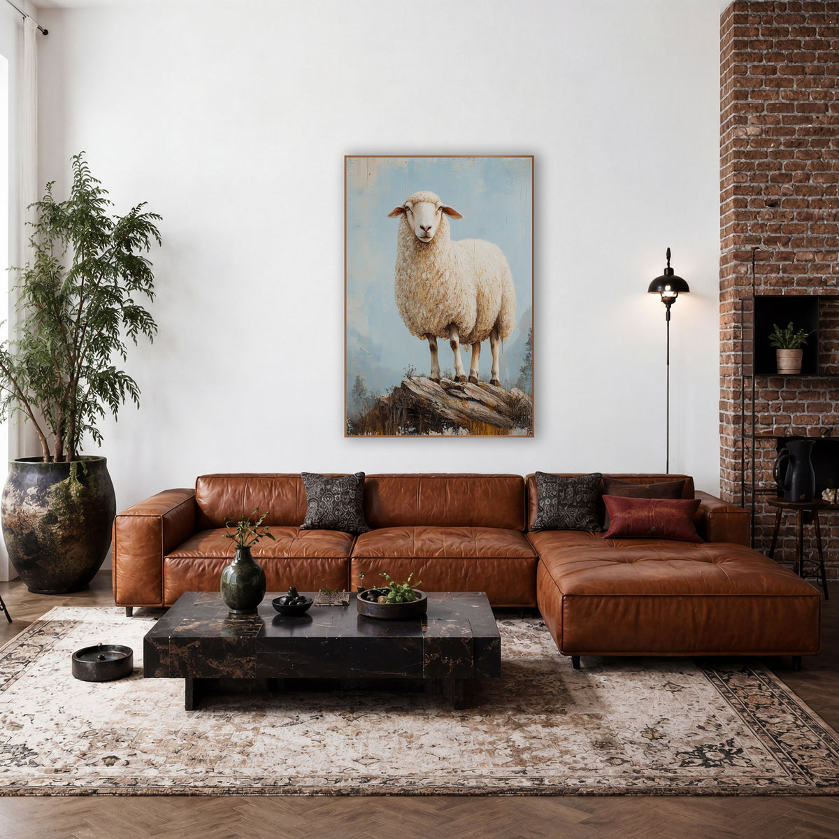 Misty Mountain Woolly Sheep Painterly wall art in a farmhouse-style room – cream-white woolly sheep standing