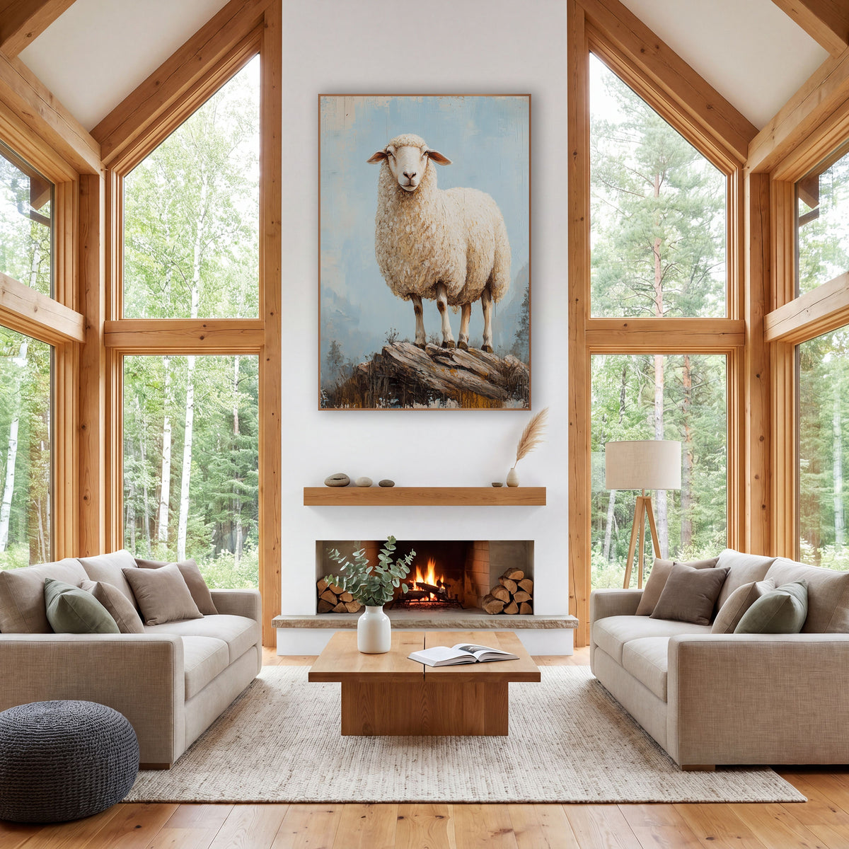 Misty Mountain Woolly Sheep Painterly wall art in a farmhouse-style room – cream-white woolly sheep standing