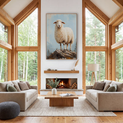 Misty Mountain Woolly Sheep Painterly wall art in a farmhouse-style room – cream-white woolly sheep standing