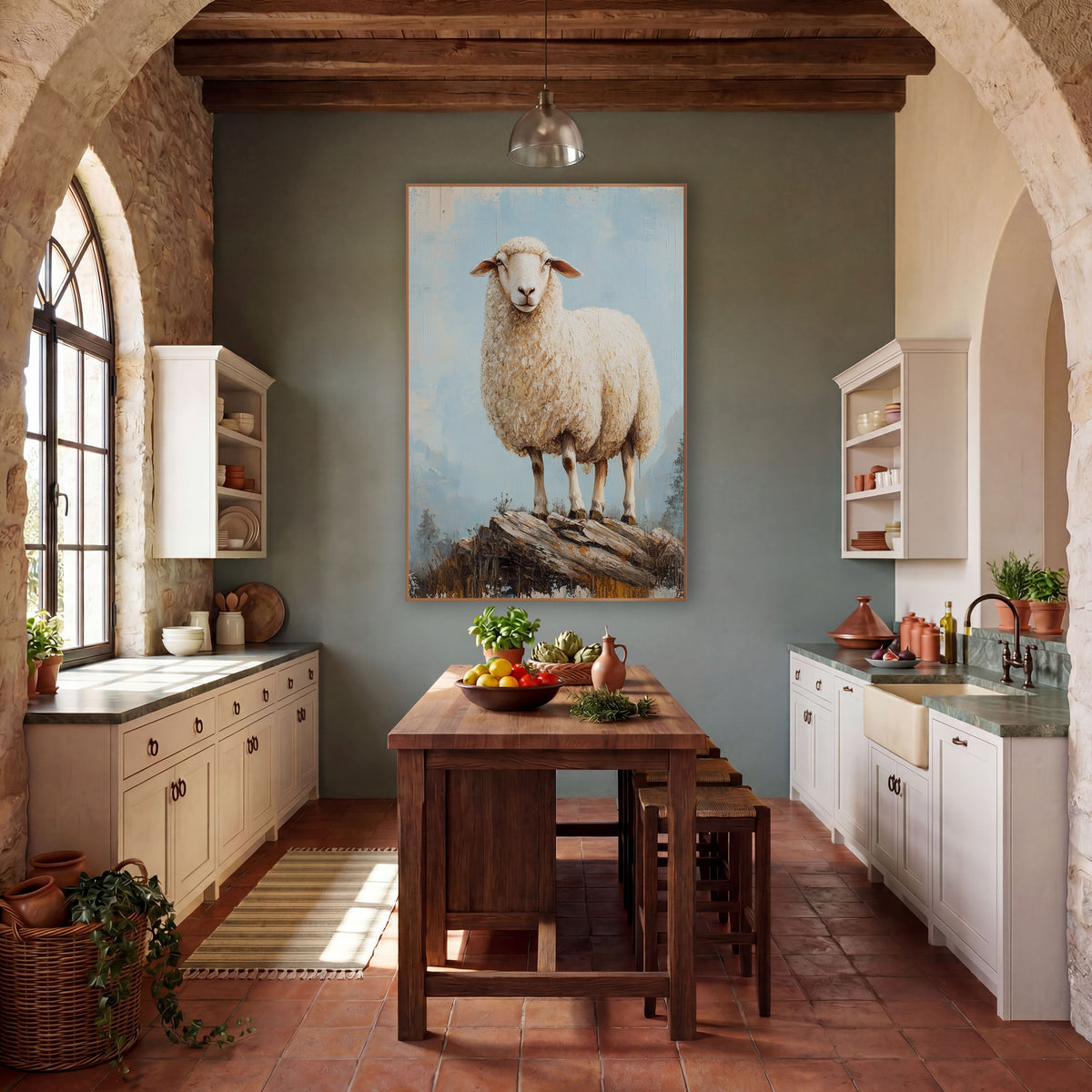 Misty Mountain Woolly Sheep Painterly wall art in a farmhouse-style room – cream-white woolly sheep standing