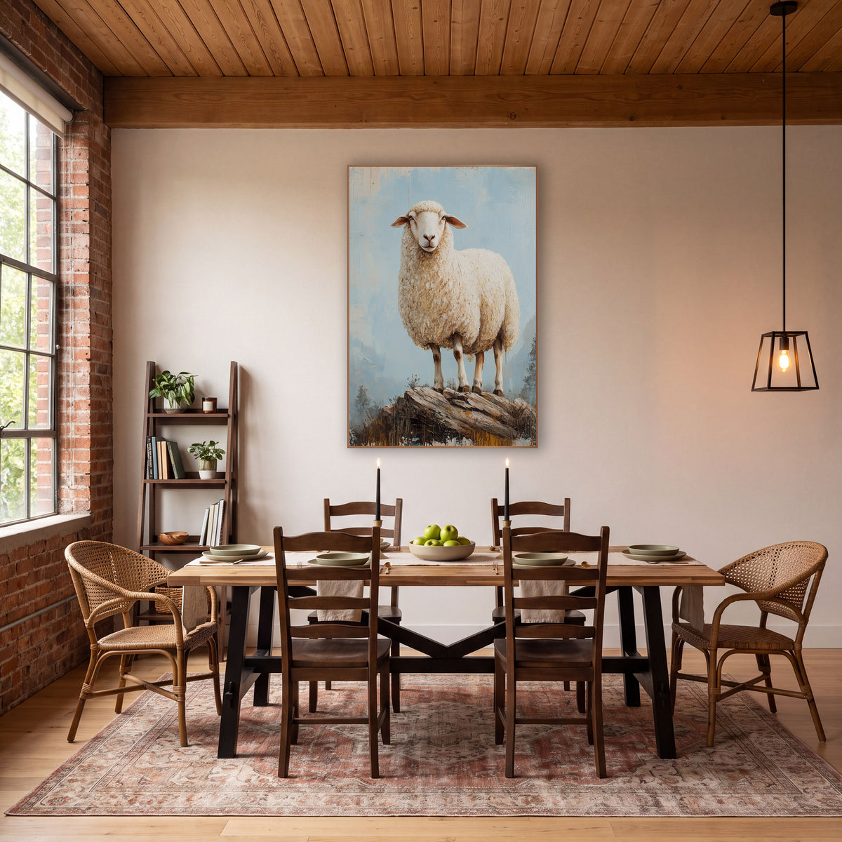 Misty Mountain Woolly Sheep Painterly wall art in a farmhouse-style room – cream-white woolly sheep standing