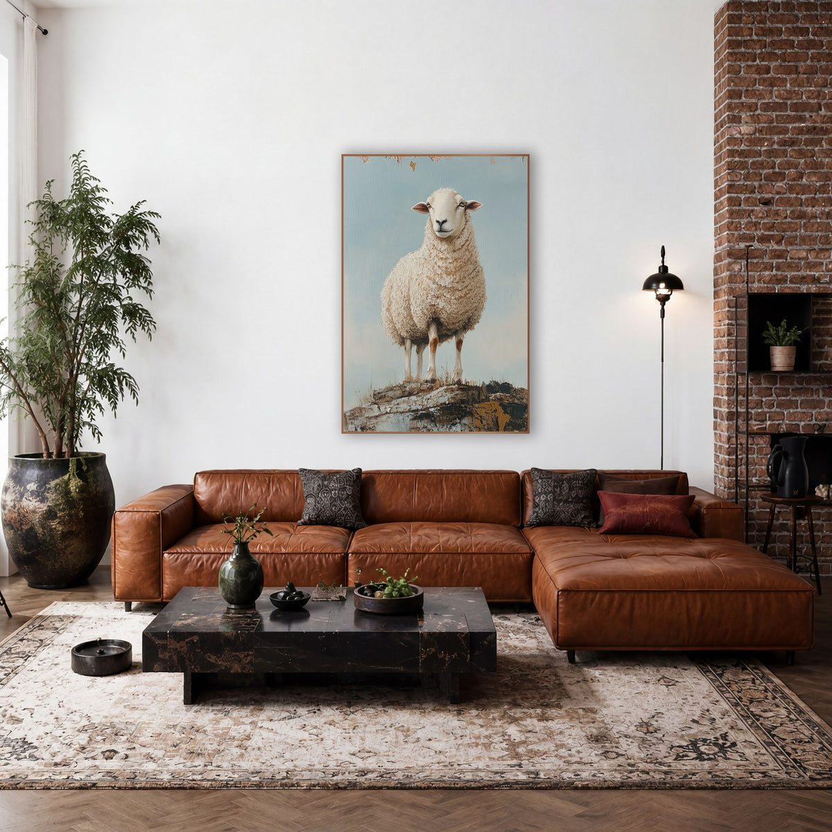 Cream Sheep Rocky Ledge Farmhouse wall art in a farmhouse-style room – cream-white sheep with curly wool standing