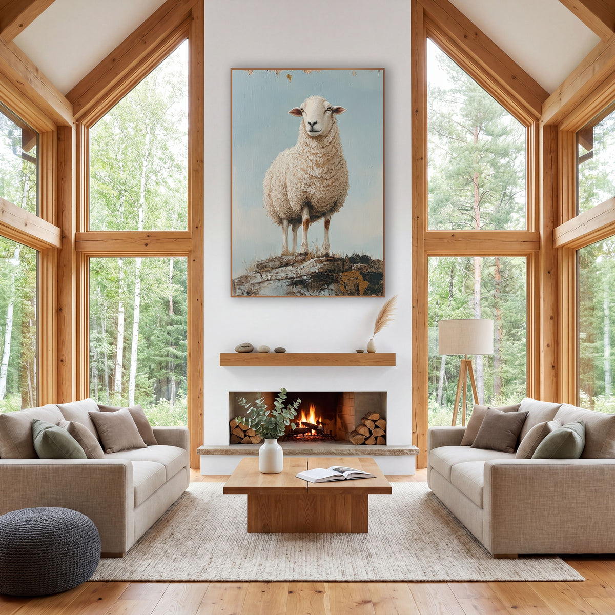 Cream Sheep Rocky Ledge Farmhouse wall art in a farmhouse-style room – cream-white sheep with curly wool standing