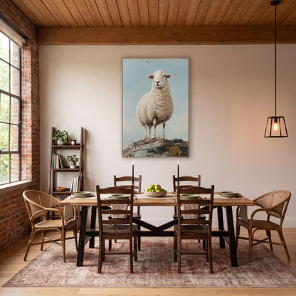 Cream Sheep Rocky Ledge Farmhouse wall art in a farmhouse-style room – cream-white sheep with curly wool standing