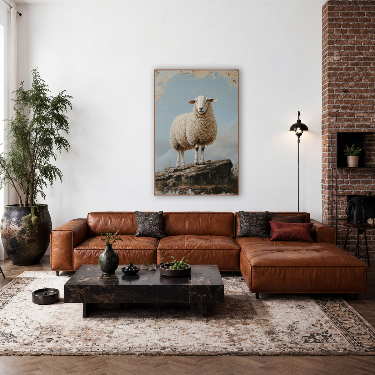 Cloudbank Ledge Sheep Rustic Style wall art in a farmhouse-style room – cream woolly sheep standing on a rocky ledge