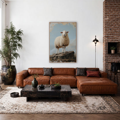 Cloudbank Ledge Sheep Rustic Style wall art in a farmhouse-style room – cream woolly sheep standing on a rocky ledge