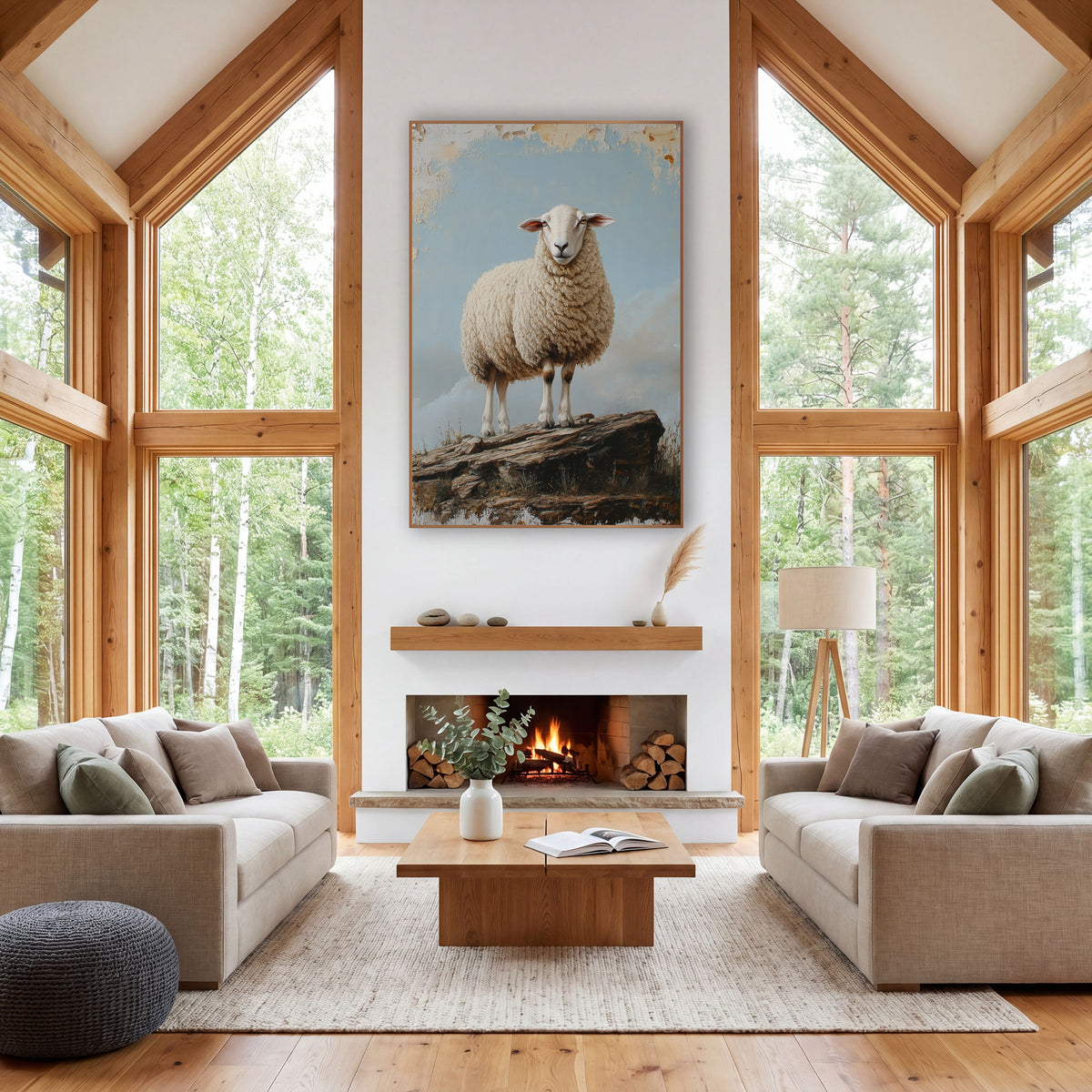Cloudbank Ledge Sheep Rustic Style wall art in a farmhouse-style room – cream woolly sheep standing on a rocky ledge