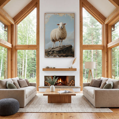 Cloudbank Ledge Sheep Rustic Style wall art in a farmhouse-style room – cream woolly sheep standing on a rocky ledge