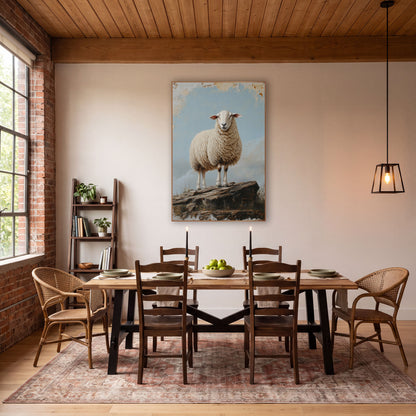 Cloudbank Ledge Sheep Rustic Style wall art in a farmhouse-style room – cream woolly sheep standing on a rocky ledge