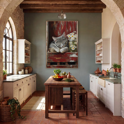 Sleepy Gray Cat Daisy Farmhouse wall art in a farmhouse-style room – gray tabby cat asleep on straw in a chipped red