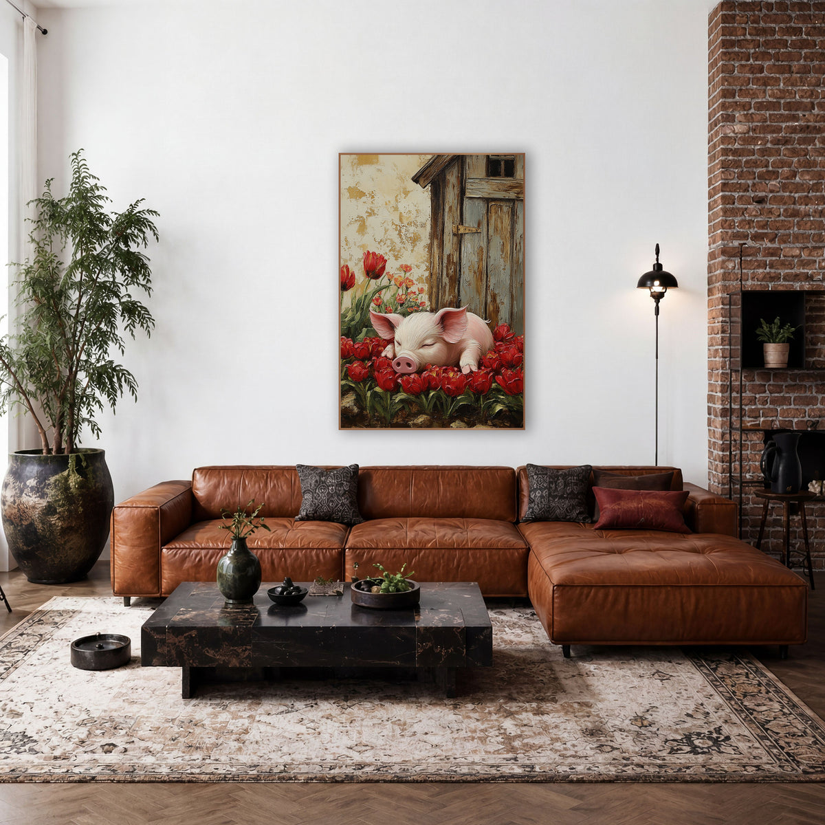 Napping Piglet Red Tulips Farmhouse wall art in a farmhouse-style room – sleeping pink piglet resting among red tulips