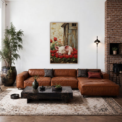 Napping Piglet Red Tulips Farmhouse wall art in a farmhouse-style room – sleeping pink piglet resting among red tulips