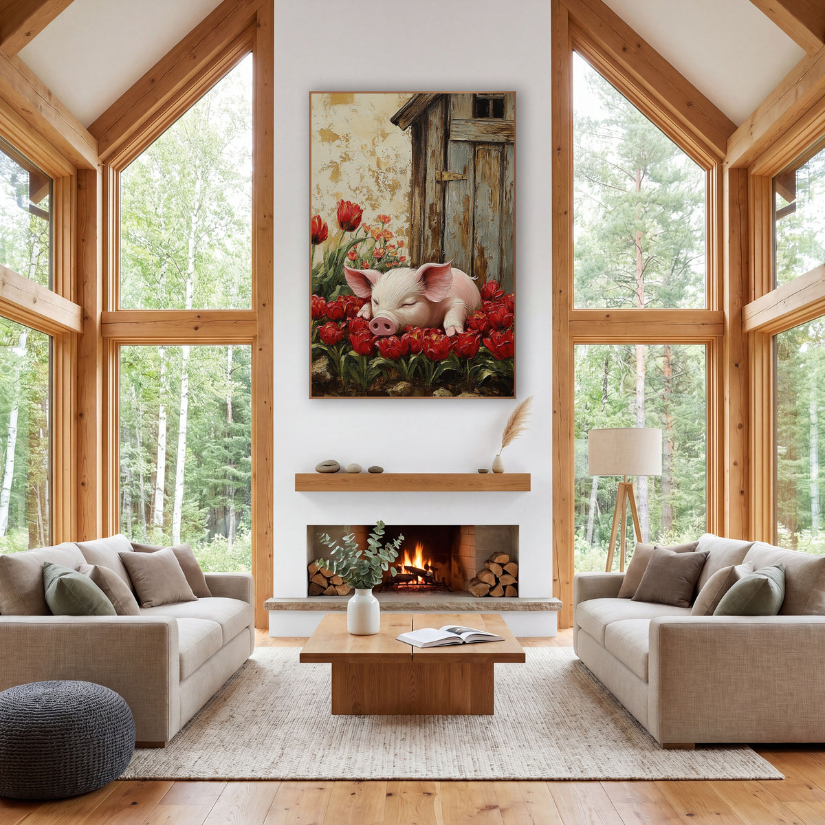Napping Piglet Red Tulips Farmhouse wall art in a farmhouse-style room – sleeping pink piglet resting among red tulips