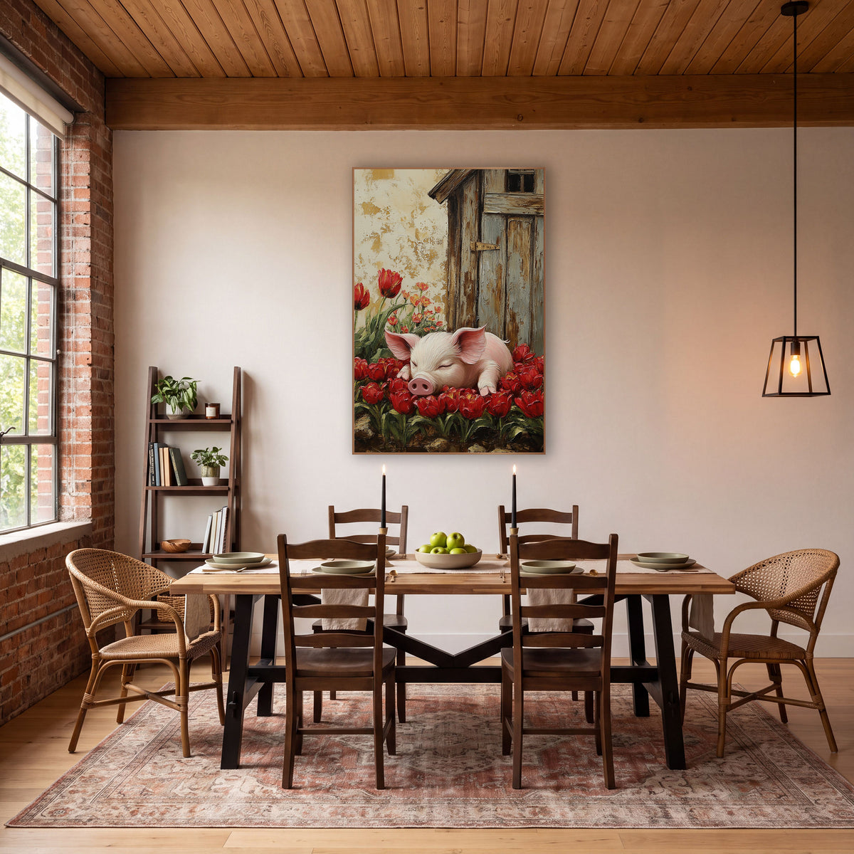Napping Piglet Red Tulips Farmhouse wall art in a farmhouse-style room – sleeping pink piglet resting among red tulips