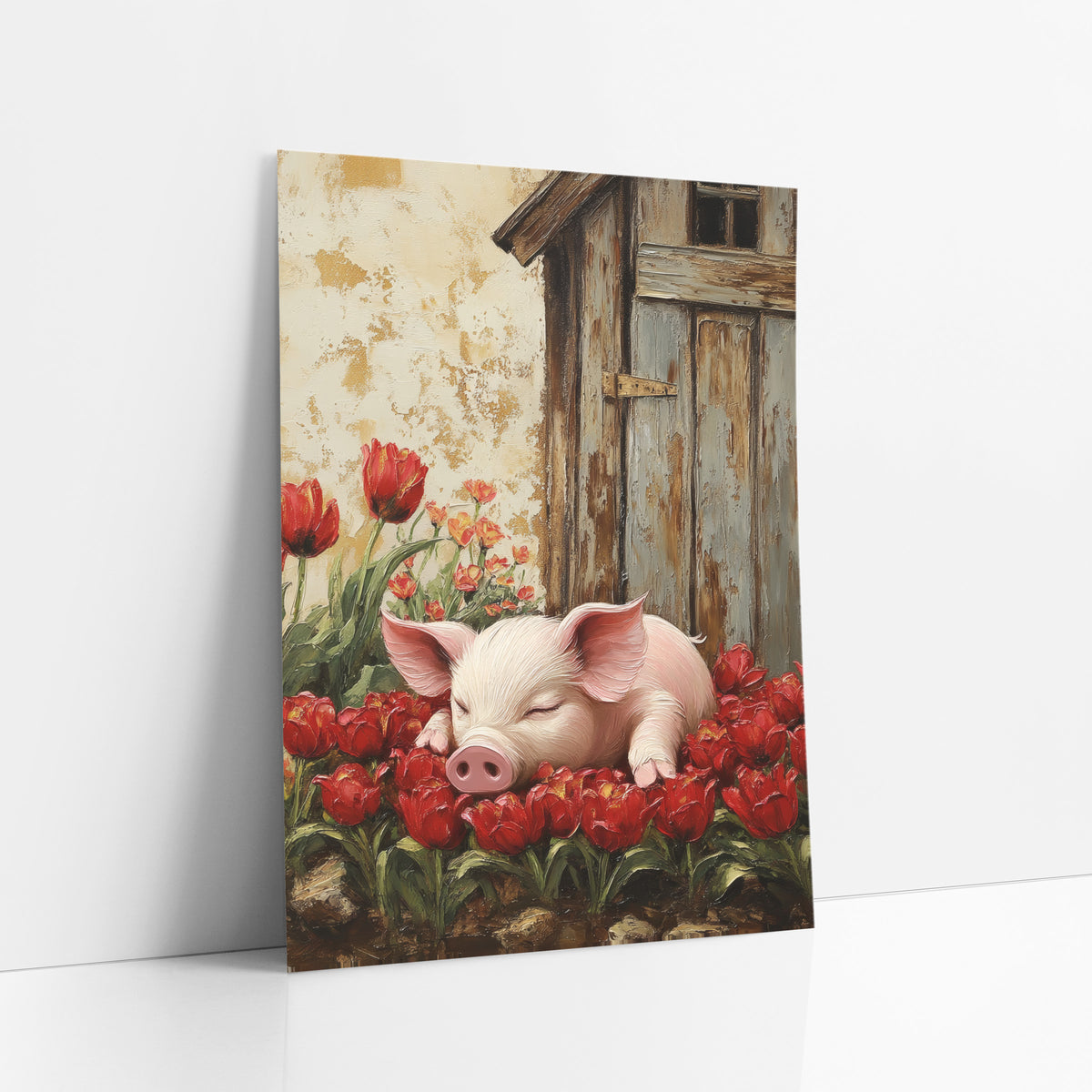 Napping Piglet Red Tulips Farmhouse art print leaning against a white wall – sleeping pink piglet resting among red tulips