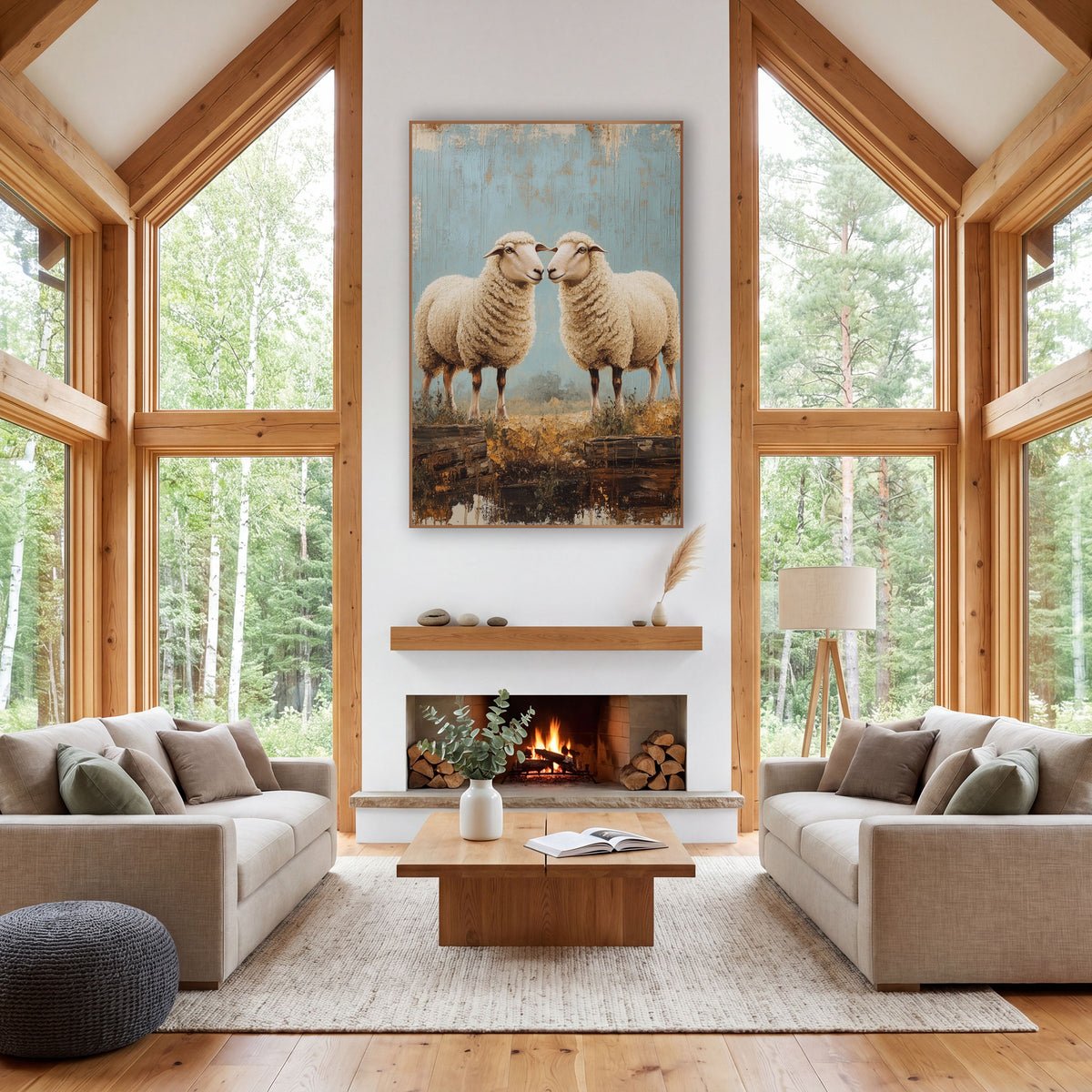Facing Sheep Rustic Farmhouse wall art in a farmhouse-style room – two cream woolly sheep face each other nose to nose