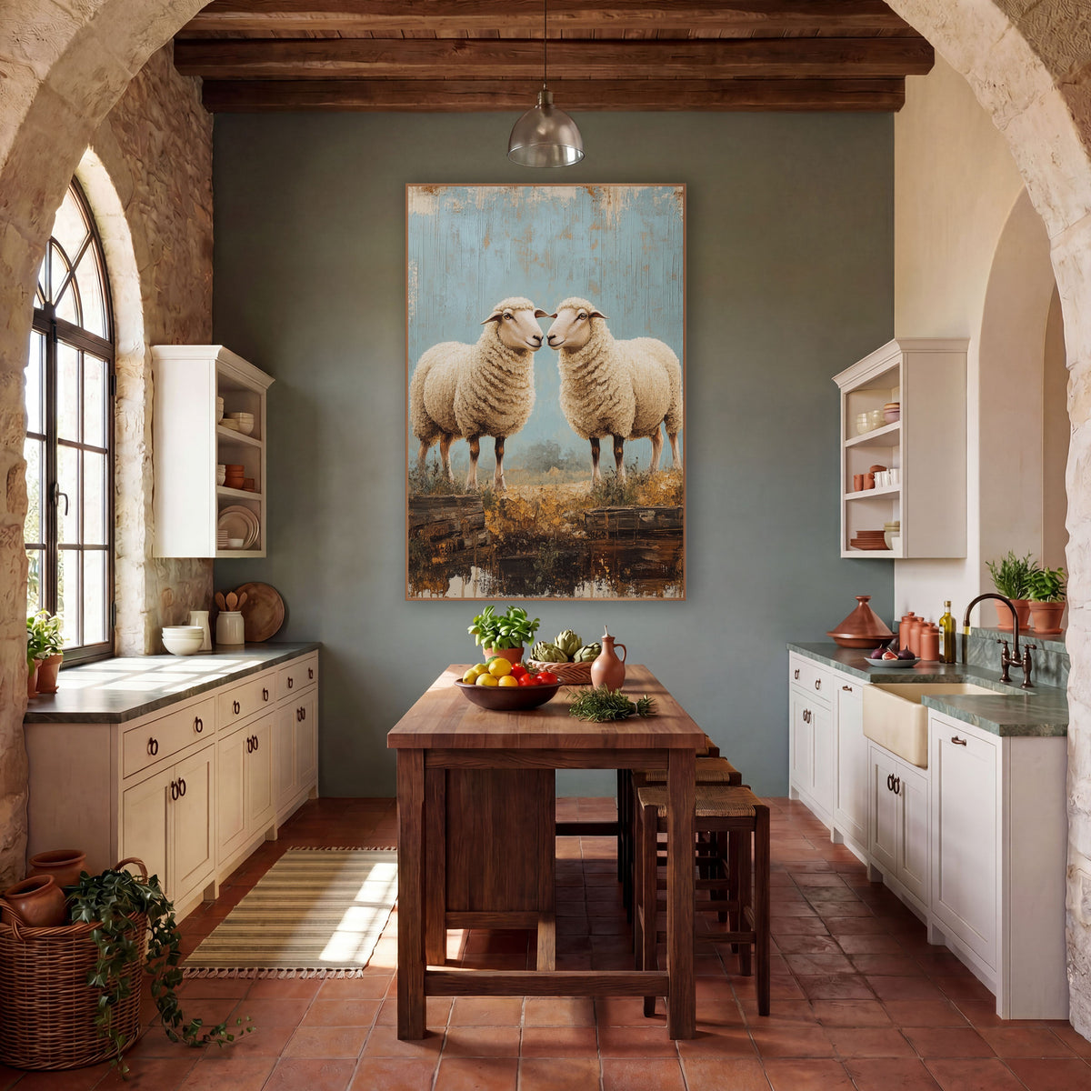 Facing Sheep Rustic Farmhouse wall art in a farmhouse-style room – two cream woolly sheep face each other nose to nose