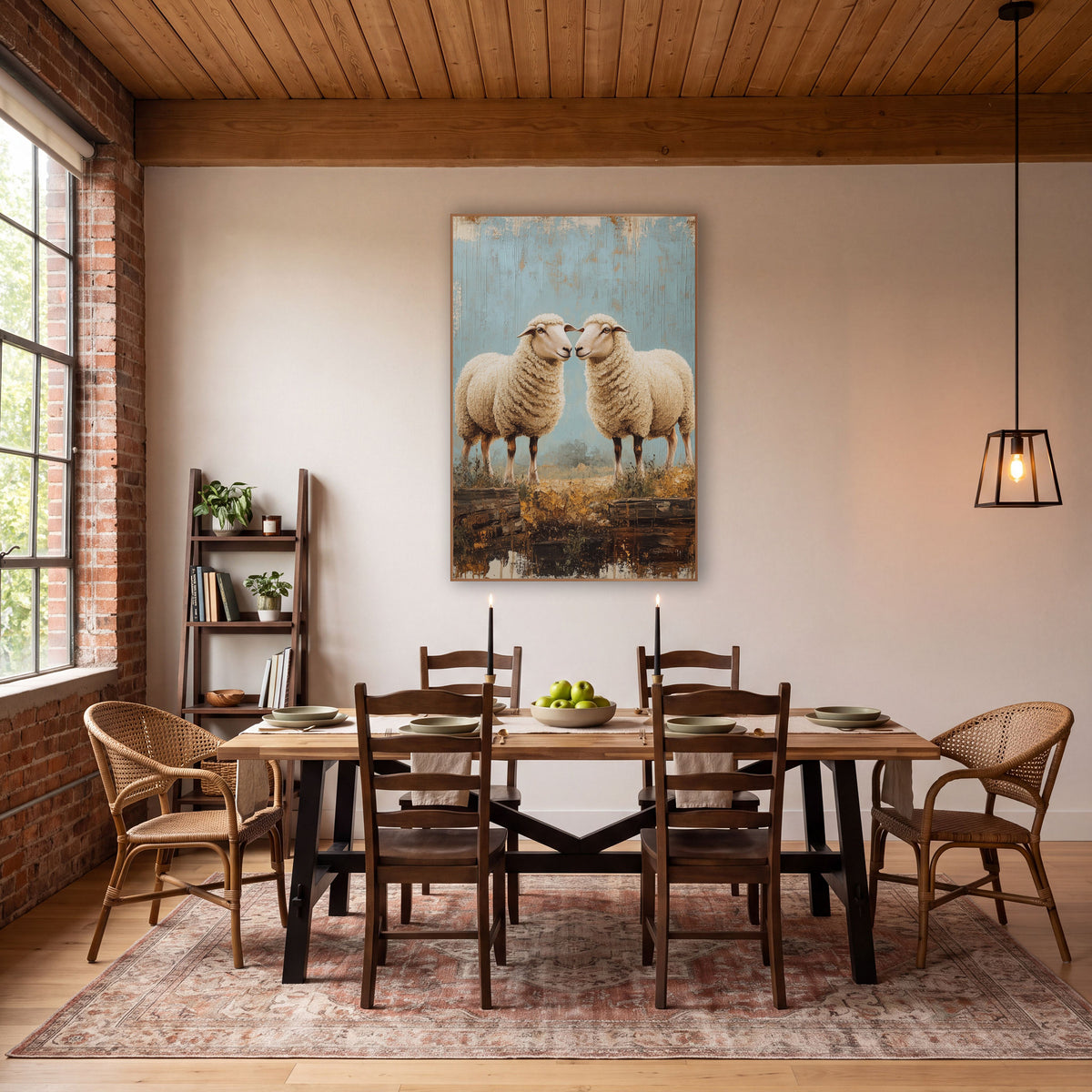 Facing Sheep Rustic Farmhouse wall art in a farmhouse-style room – two cream woolly sheep face each other nose to nose