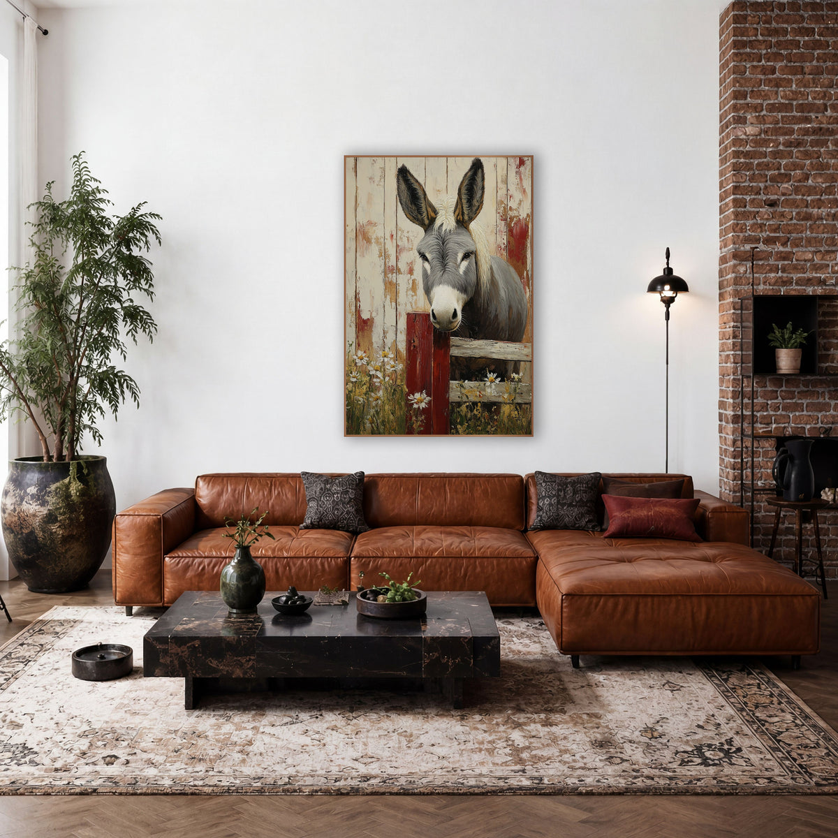 Gray Donkey Daisy Farmhouse Barn wall art in a farmhouse-style room – gray donkey with cream mane looking over a red