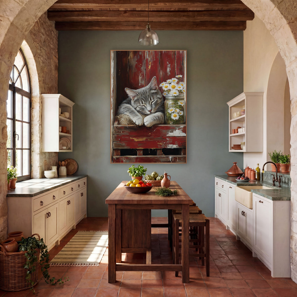 Sleeping Gray Cat Daisy Farmhouse wall art in a farmhouse-style room – gray tabby cat sleeping on straw in a red