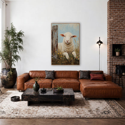 Resting Lamb Wildflower Farmhouse wall art in a farmhouse-style room – cream lamb resting in tall grass