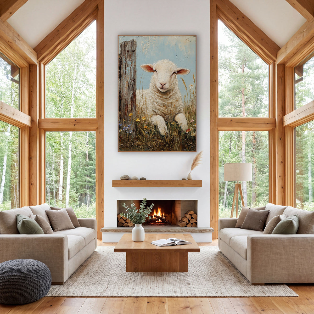 Resting Lamb Wildflower Farmhouse wall art in a farmhouse-style room – cream lamb resting in tall grass
