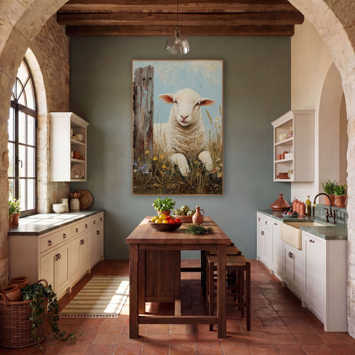 Resting Lamb Wildflower Farmhouse wall art in a farmhouse-style room – cream lamb resting in tall grass