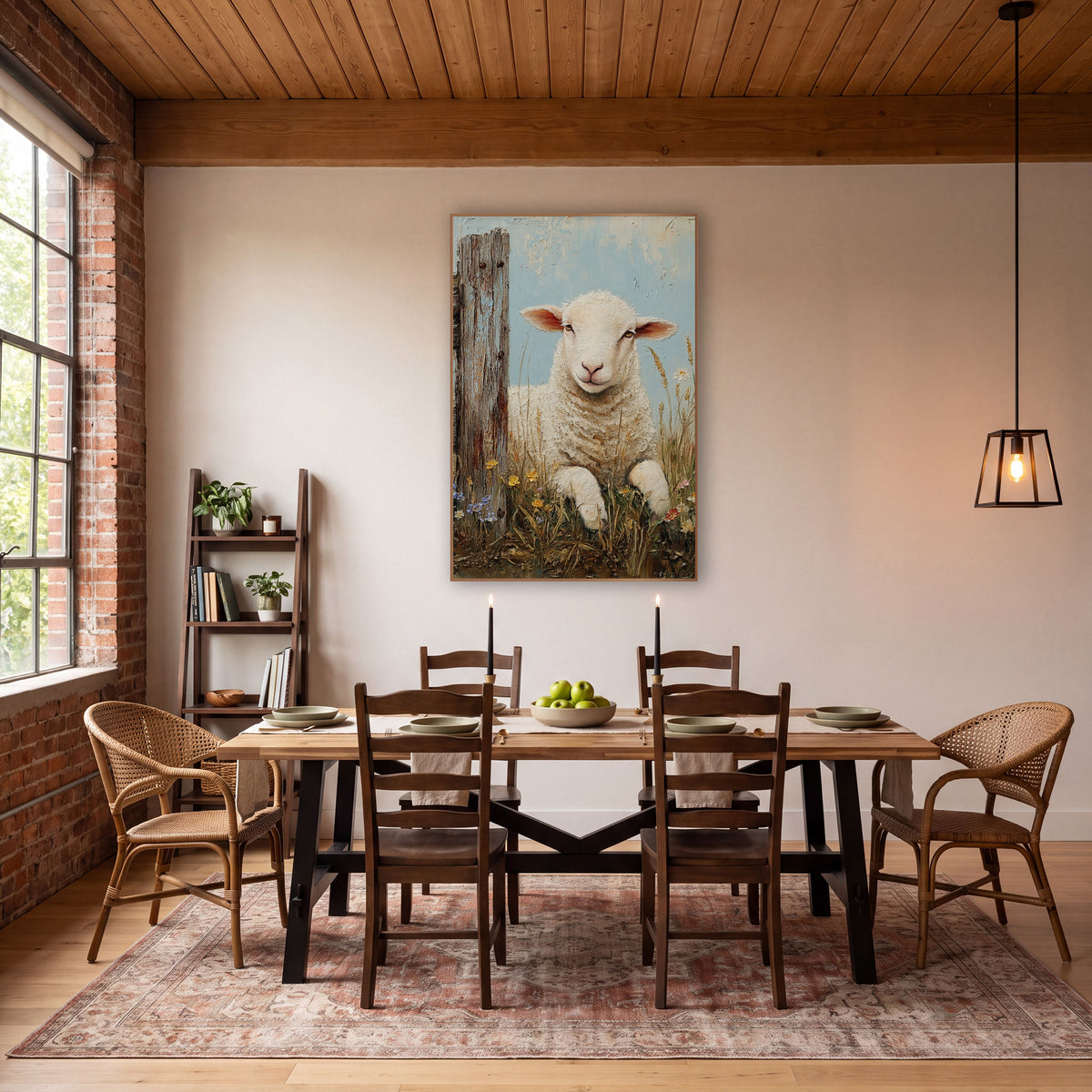 Resting Lamb Wildflower Farmhouse wall art in a farmhouse-style room – cream lamb resting in tall grass