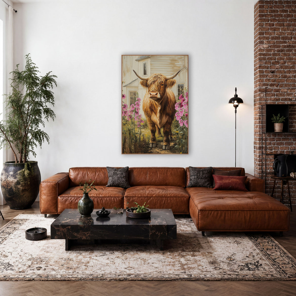 Highland Cow Dirt Path Magenta Hollyhocks wall art in a farmhouse-style room – shaggy ginger highland cow with long