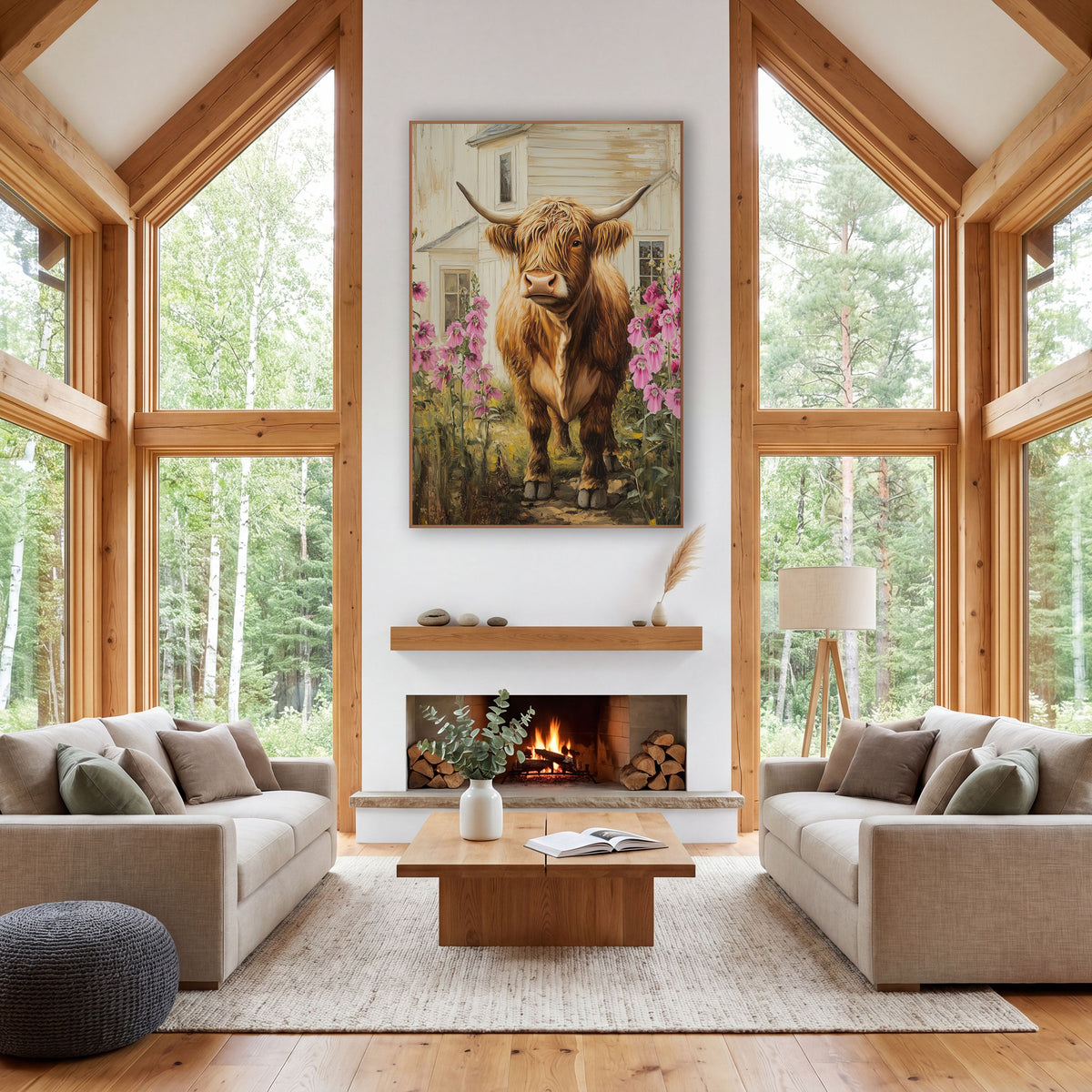 Highland Cow Dirt Path Magenta Hollyhocks wall art in a farmhouse-style room – shaggy ginger highland cow with long