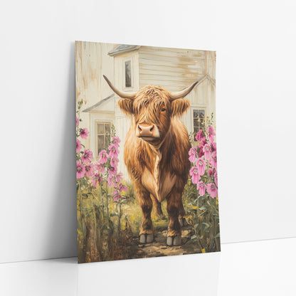 Highland Cow Dirt Path Magenta Hollyhocks art print leaning against a white wall – shaggy ginger highland cow with long horns