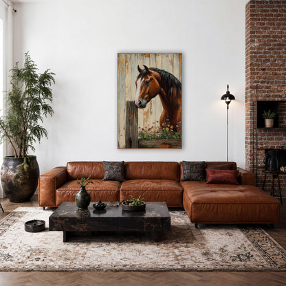 Moody Chestnut Horse Trough Flowers Farmhouse wall art in a farmhouse-style room – chestnut horse with white blaze