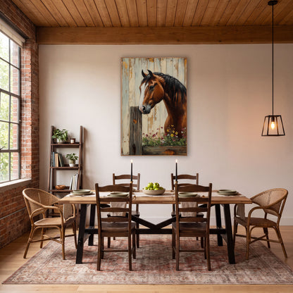 Moody Chestnut Horse Trough Flowers Farmhouse wall art in a farmhouse-style room – chestnut horse with white blaze
