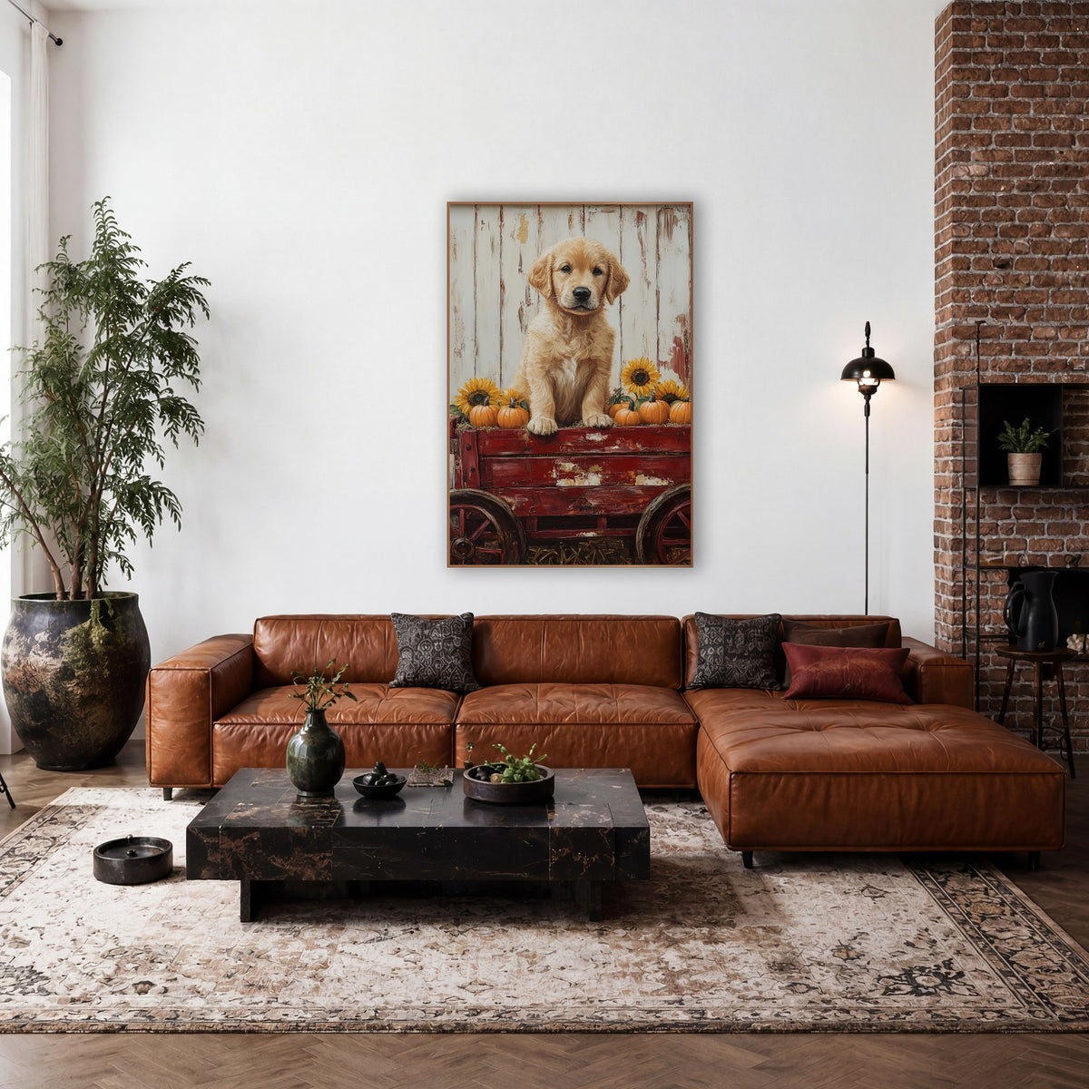 Golden Puppy Harvest Wagon Farmhouse wall art in a farmhouse-style room – golden puppy sitting on a red wooden wagon