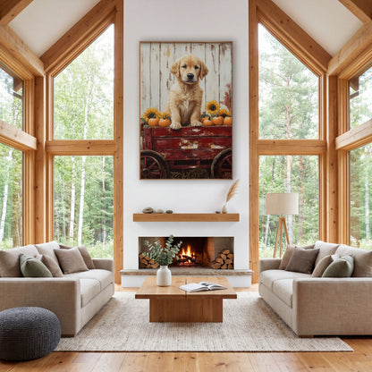 Golden Puppy Harvest Wagon Farmhouse wall art in a farmhouse-style room – golden puppy sitting on a red wooden wagon