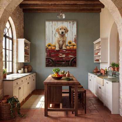 Golden Puppy Harvest Wagon Farmhouse wall art in a farmhouse-style room – golden puppy sitting on a red wooden wagon