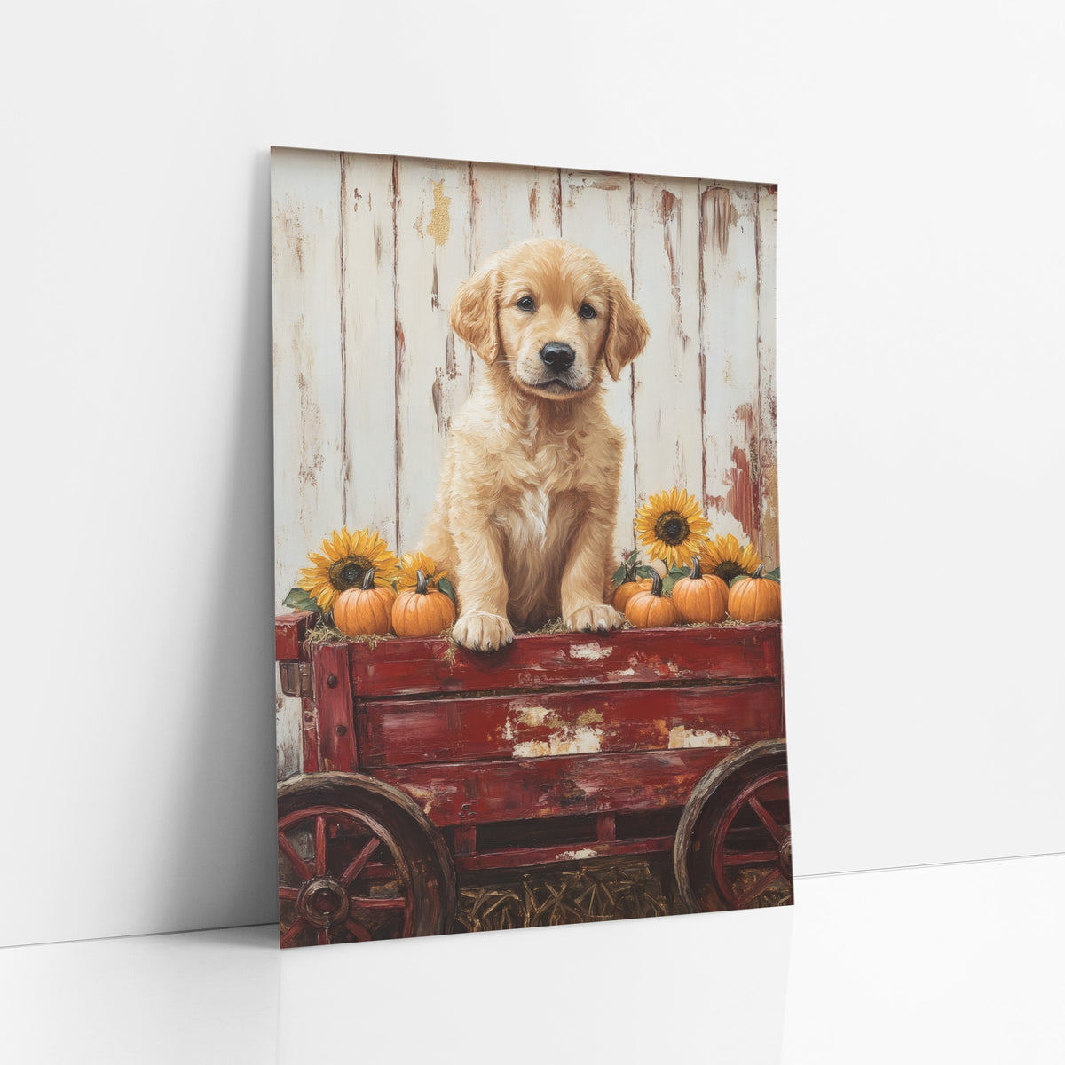 Golden Puppy Harvest Wagon Farmhouse art print leaning against a white wall – golden puppy sitting on a red wooden wagon
