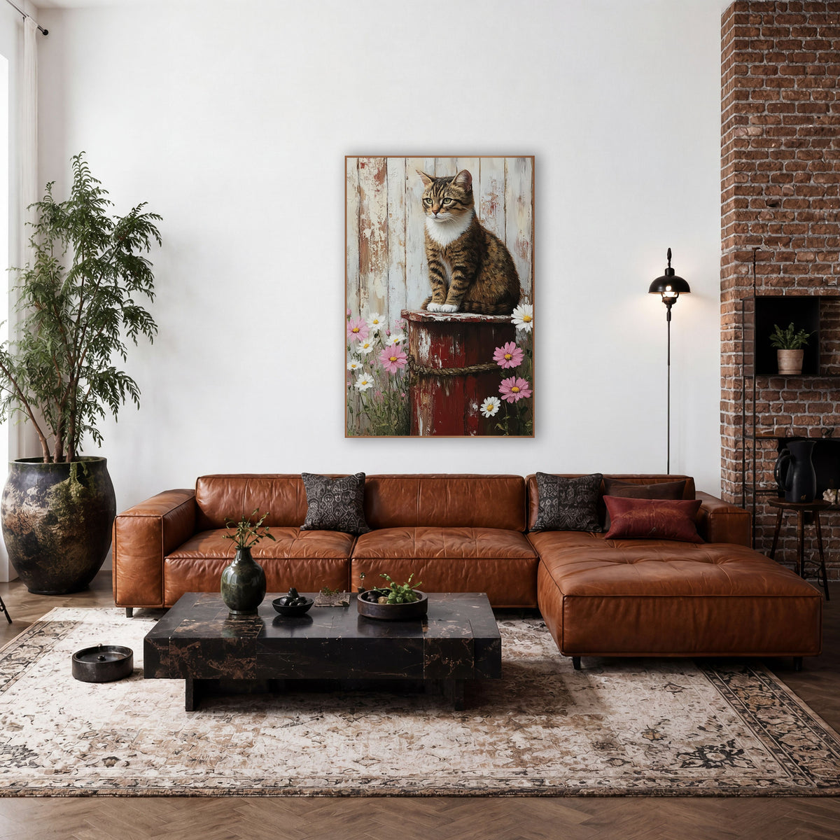 Tabby Cat Red Barrel Daisies Rustic wall art in a farmhouse-style room – brown tabby cat with white paws sitting
