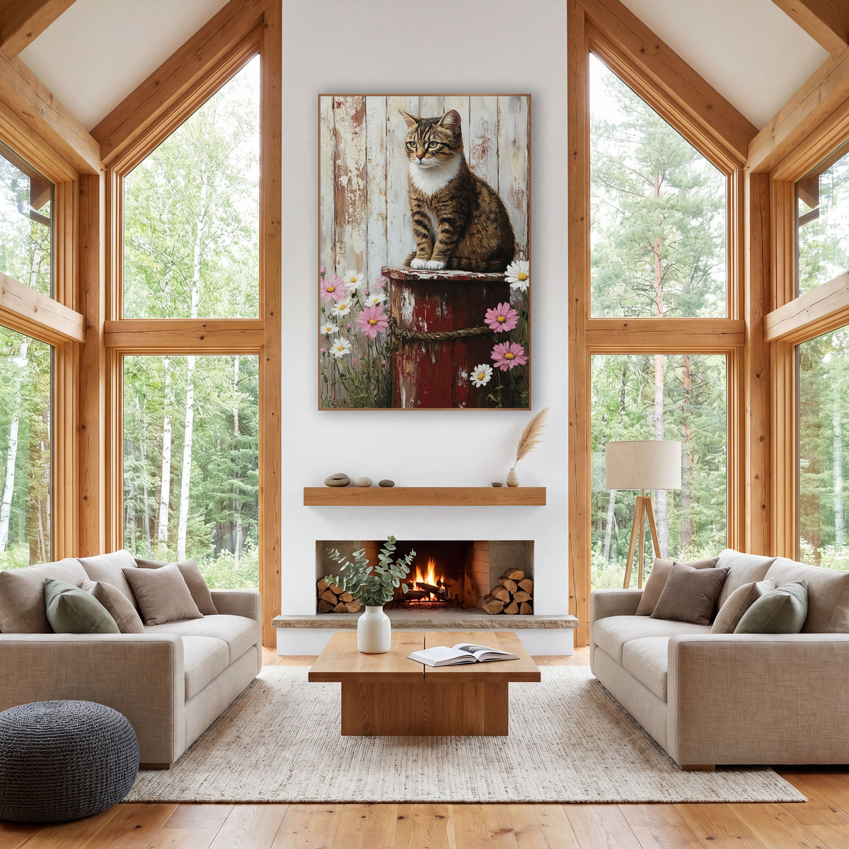 Tabby Cat Red Barrel Daisies Rustic wall art in a farmhouse-style room – brown tabby cat with white paws sitting